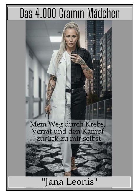 "Das 4.000 Gramm Mädchen. Mein Weg durch Krebs, Verrat und den Kampf zurück zu mir selbst. 'Jana Leonis'."

Eine Frau in geteilter Kleidung: links medizinisch, rechts schwarz.