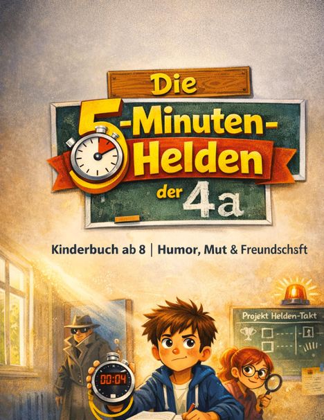 „Die 5-Minuten-Helden der 4a“, „Kinderbuch ab 8 | Humor, Mut & Freundschaft“. Illustration: Junge mit Stoppuhr, zwei Kinder in Klassenzimmer.