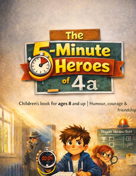 "5-Minute Heroes of 4a", Kinderbuch ab 8 Jahren. Illustration von Kindern mit Stoppuhr, Detektiv und Tafel.