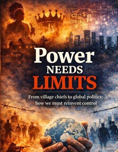 Text: „Power Needs Limits. From village chiefs to global politics: how we must reinvent control.“  
Illustration mit Symbolen für Macht und Kontrolle.