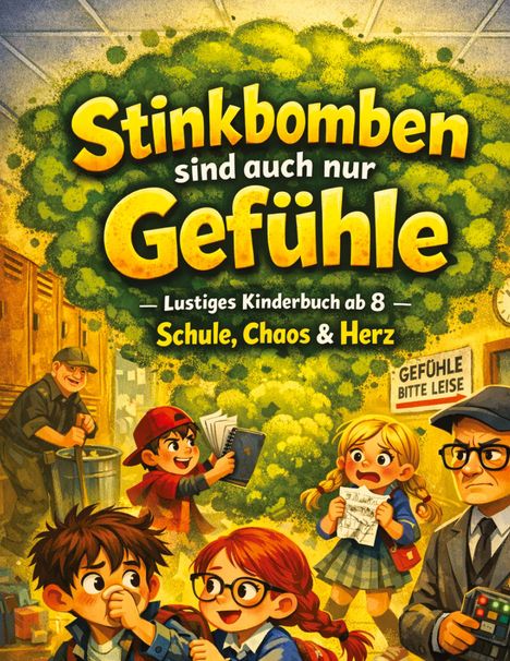 „Stinkbomben sind auch nur Gefühle“ – Lustiges Kinderbuch ab 8 – Schule, Chaos & Herz. Illustration mit Kindern in Schule.