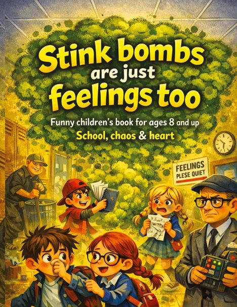 "Stink bombs are just feelings too. Funny children's book for ages 8 and up. School, chaos & heart." Comicartige Schulszene.