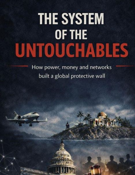 Text: "THE SYSTEM OF THE UNTOUCHABLES. How power, money and networks built a global protective wall." Bild zeigt Symbole von Macht und Einfluss.