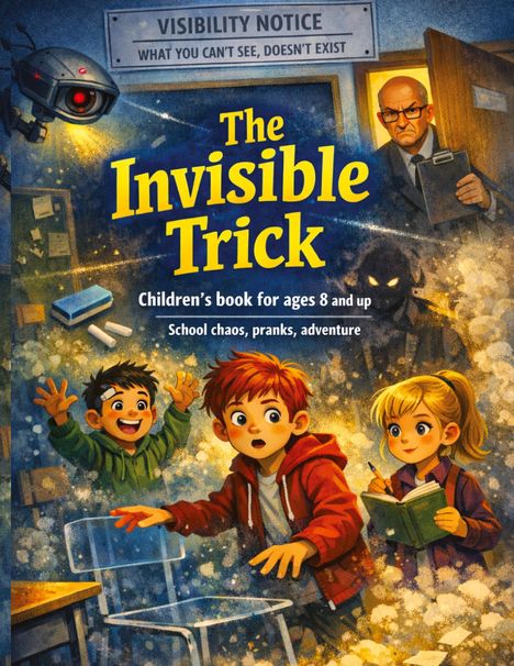 "The Invisible Trick", Kinderbuch ab 8 Jahren. Drei Kinder in einem Klassenzimmer, ein Mann beobachtet sie streng.