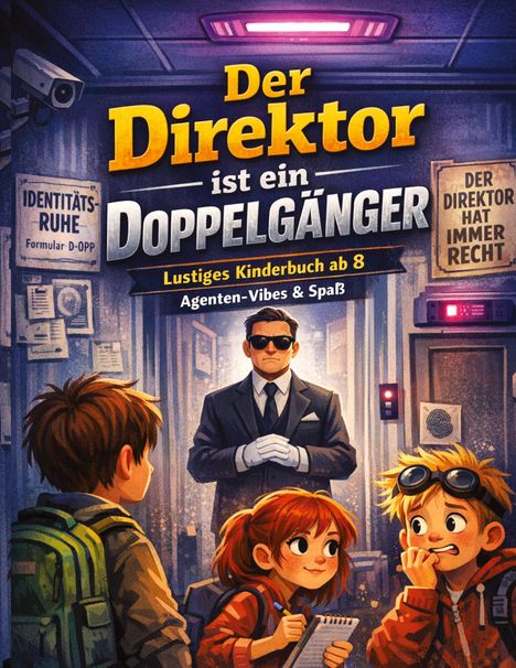 „Der Direktor ist ein Doppelgänger“ steht oben, darunter „Lustiges Kinderbuch ab 8“. Drei Kinder vor einem Türsteher mit Anzug.