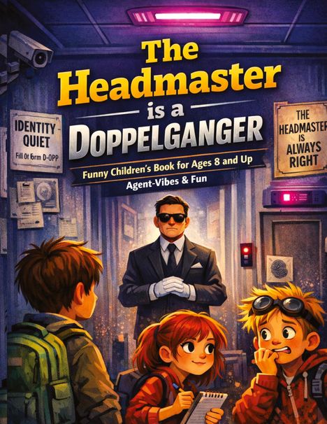 "The Headmaster is a Doppelganger" steht oben. Untertitel: Für Kinder ab 8, Agenten-Atmosphäre. Illustration: Kinder, Mann im Anzug.