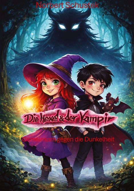 Text: "Norbert Schustek", "Die Hexe & der Vampir", "Gemeinsam gegen die Dunkelheit". Illustration: Mädchen als Hexe, Junge als Vampir, großer schattenhafter Wolf im Hintergrund.
