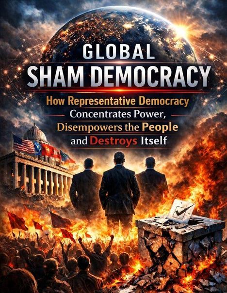 „GLOBAL SHAM DEMOCRACY. How Representative Democracy Concentrates Power, Disempowers the People and Destroys Itself.“ Drei Anzugträger vor Flammen und Protestierenden.