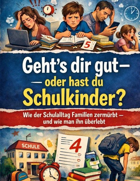„Geht’s dir gut – oder hast du Schulkinder?“ Illustration: Gestresste Familie, schulfokussierte Szenen, Noten.