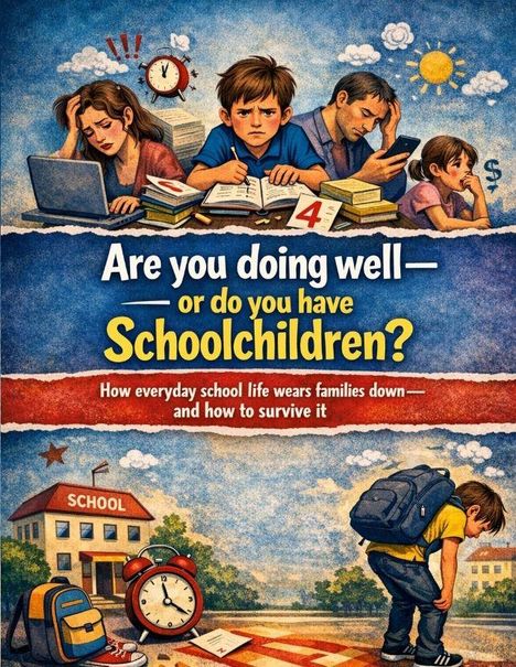 Ein Junge sitzt zwischen gestressten Eltern; Text fragt: "Are you doing well—or do you have Schoolchildren?"