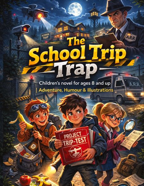 Text: "The School Trip Trap", "Children’s novel for ages 8 and up", "Adventure, Humour & Illustrations". Drei Kinder, Abenteuer.