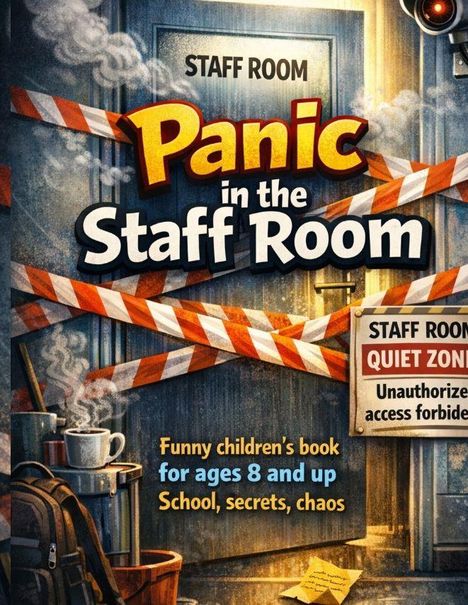 "Staff Room", "Panic in the Staff Room", "Funny children's book for ages 8 and up", "School, secrets, chaos". 

Eine verschlossene Tür mit Absperrband.