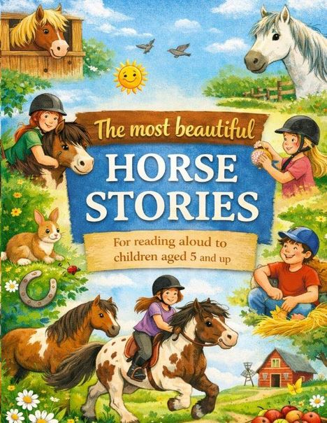 "The most beautiful HORSE STORIES" und "For reading aloud to children aged 5 and up." Illustration mit Kindern und Pferden.