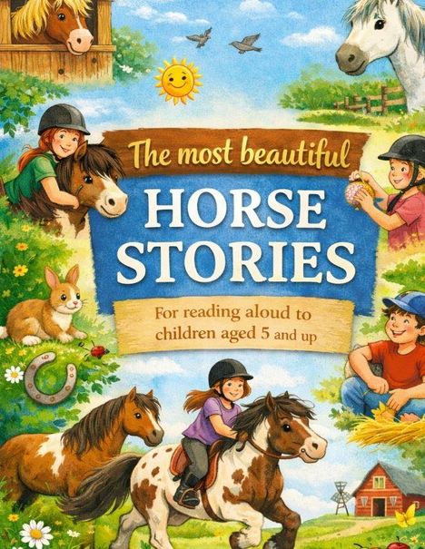 "The most beautiful HORSE STORIES. For reading aloud to children aged 5 and up." Illustration von fröhlichen Kindern mit Pferden.