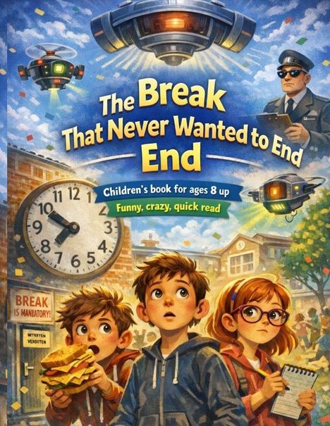 "The Break That Never Wanted to End." Kinderbuch ab 8 Jahren. Illustration von drei Kindern, fliegende Untertassen und ein Polizist.
