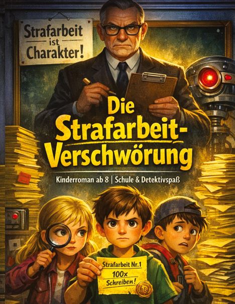 "Strafarbeit ist Charakter! Die Strafarbeit-Verschwörung. Kinderroman ab 8. Schule & Detektivspaß." Drei Kinder, einer mit Lupe.
