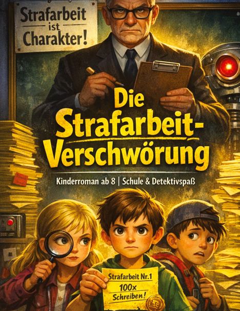 "Die Strafarbeit-Verschwörung." Drei Kinder, ein Mädchen mit Lupe, ein Junge mit Notiz, ein ernster Lehrer in Anzug.