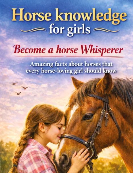 „Horse knowledge for girls. Become a horse Whisperer.“ Ein Mädchen in kariertem Hemd an ein Pferd gelehnt, bei Sonnenuntergang.