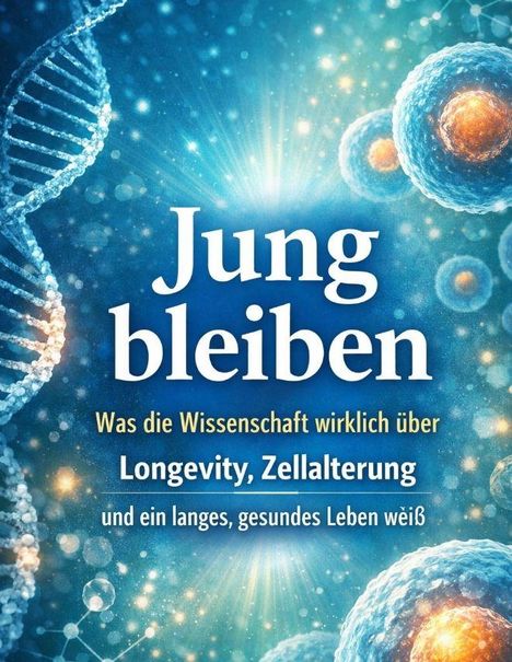 Text: "Jung bleiben. Was die Wissenschaft wirklich über Longevity, Zellalterung und ein langes, gesundes Leben weiß." Illustration von DNA und Zellen.