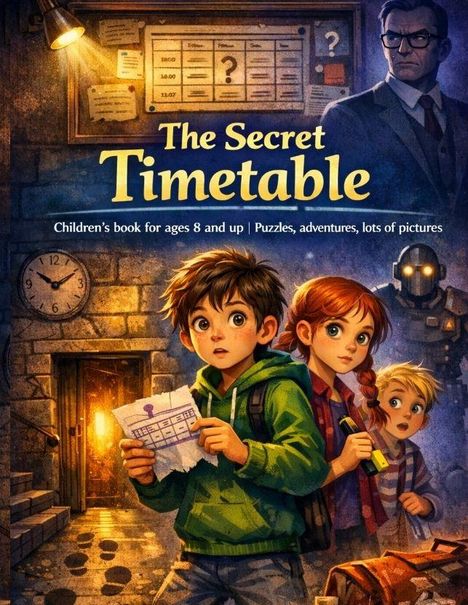 "The Secret Timetable", Buch für Kinder ab 8, voller Rätsel und Abenteuer. Kinder halten Hinweise, Hintergrund: mystisch.