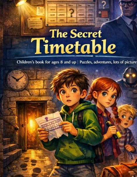 "The Secret Timetable. Kinderbuch für 8+ | Rätsel, Abenteuer, viele Bilder. Illustration mit drei Kindern in einem mystischen Raum."