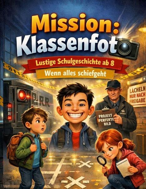 Text: „Mission: Klassenfoto“, „Lustige Schulgeschichte ab 8“, „Wenn alles schiefgeht“. Illustration von fröhlichen Kindern.