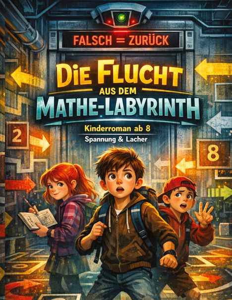 „Falsch = Zurück“, „Die Flucht aus dem Mathe-Labyrinth“; drei Kinder in einem verwirrenden Korridor mit Zahlen und Pfeilen.