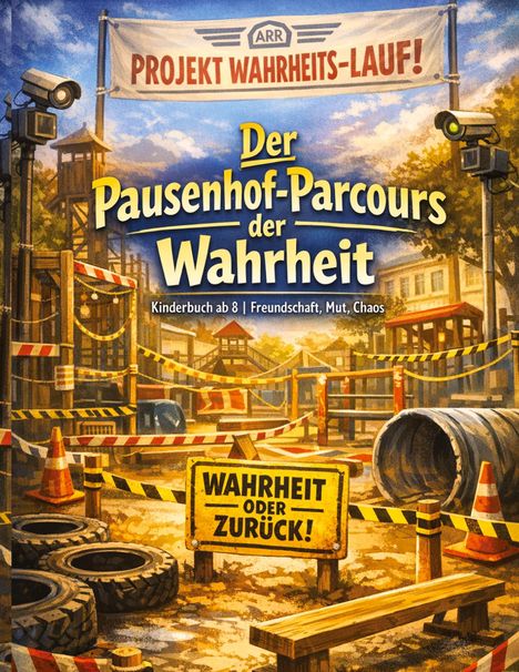 "Projekt Wahrheits-Lauf! Der Pausenhof-Parcours der Wahrheit. Wahrheit oder zurück!" Eine Baustellen-ähnliche Szene voller Hindernisse.