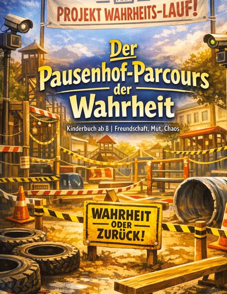„Projekt Wahrheits-Lauf!“ Banner, „Der Pausenhof-Parcours der Wahrheit“, Schild „Wahrheit oder zurück!“, Baustellenmotiv