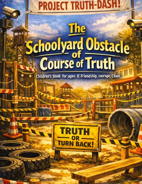 "Project Truth-Dash!", "The Schoolyard Obstacle Course of Truth", "Truth or Turn Back!". Hindernisparcours mit Absperrungen.
