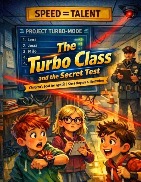 „SPEED = TALENT. Project Turbo-Mode: 1. Leni, 2. Jossi, 3. Milo. The Turbo Class and the Secret Test.“ Drei Kinder und ein Wächter.