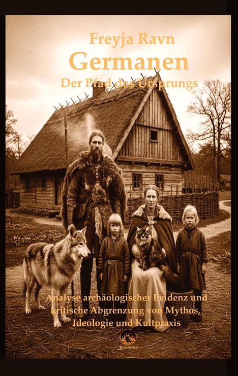 "Freyja Ravn: Germanen - Der Pfad des Ursprungs. Menschen in Germanen-Gewändern vor einem reetgedeckten Haus, mit Wolfsartigen."