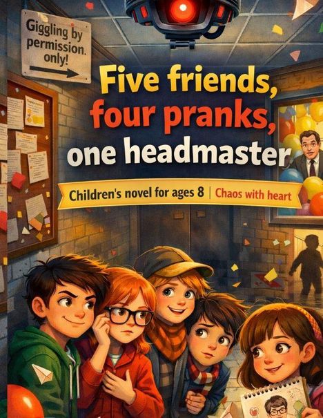 "Five friends, four pranks, one headmaster. Children's novel for ages 8. Chaos with heart." zeigt fünf Kinder in einem Flur.