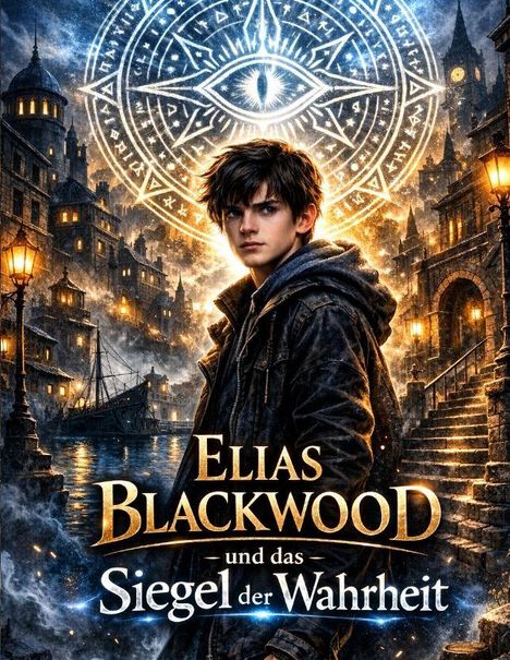 "Elias Blackwood und das Siegel der Wahrheit." Junge in mittelalterlicher Stadt, magisches Symbol im Hintergrund.