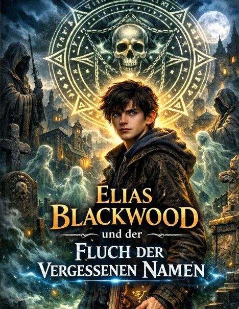 „Elias Blackwood und der Fluch der Vergessenen Namen.“ Junge in düsterer Szene mit Skelettsymbol und vermummten Gestalten.