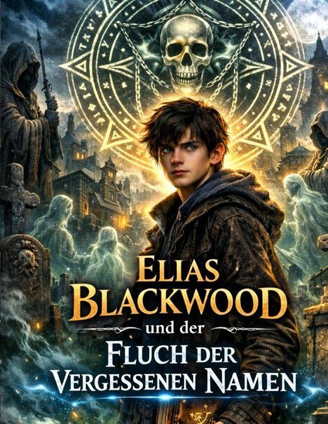 Ein junger Mann steht in einer mystischen Umgebung mit einem Schädel-Symbol und Geistern umgeben. Texte: "Elias Blackwood und der Fluch der vergessenen Namen".