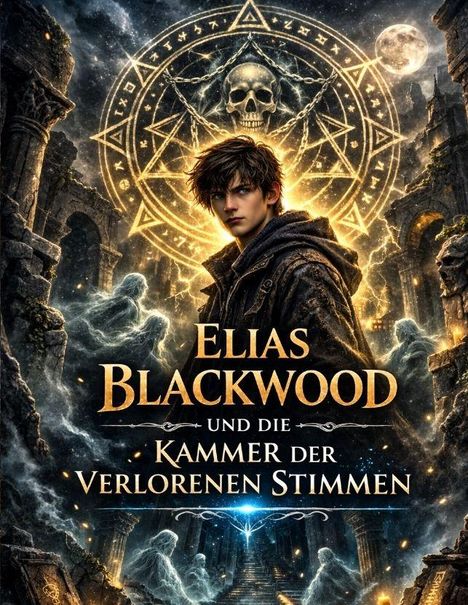"Elias Blackwood und die Kammer der verlorenen Stimmen" zeigt einen Jungen vor einem magischen Hintergrund mit Ruinen.