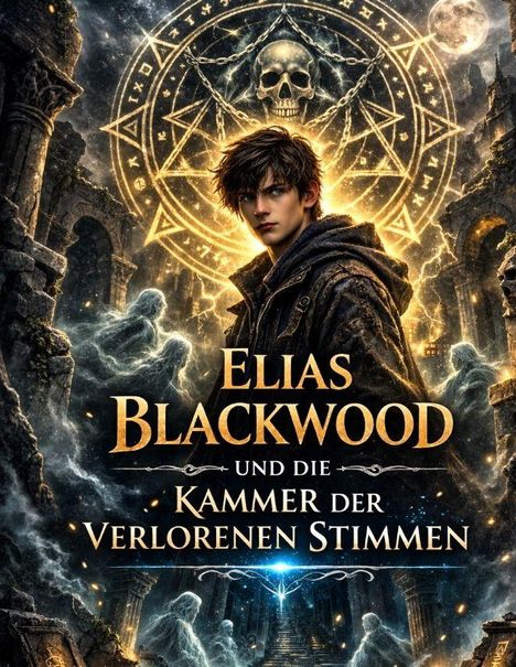 „Elias Blackwood und die Kammer der Verlorenen Stimmen“ zeigt einen jungen Mann vor mystischen Ruinen, Geister und ein Schädel-Emblem.