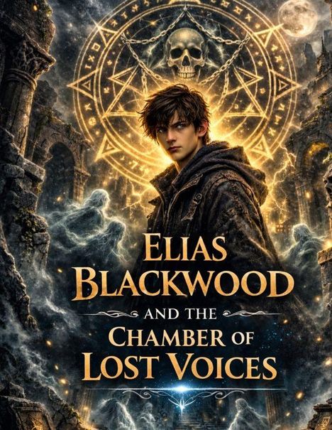"Elias Blackwood and the Chamber of Lost Voices." Junge mit zerzaustem Haar vor mystischem Symbol, umgeben von Geistern.