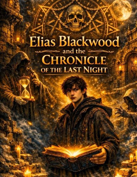 "Elias Blackwood and the Chronicle of the Last Night." Eine mystische Szene mit einem jungen Mann und einem leuchtenden Buch. Anwesend sind Figuren mit Kapuzen und eine Sanduhr. Ein Schädel und mystische Symbole im Hintergrund.