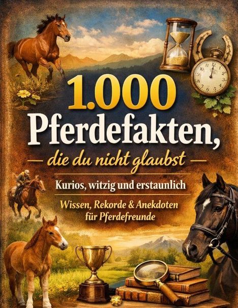 „1.000 Pferdefakten, die du nicht glaubst“; „Kurios, witzig und erstaunlich“, „Wissen, Rekorde & Anekdoten für Pferdefreunde“. Illustrationen von Pferden, einer Sanduhr, einer Taschenuhr, Büchern und einem Pokal.