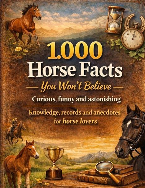 Titel: "1.000 Horse Facts You Won’t Believe". Illustration mit Pferden, einem Pokal und einer Taschenuhr.