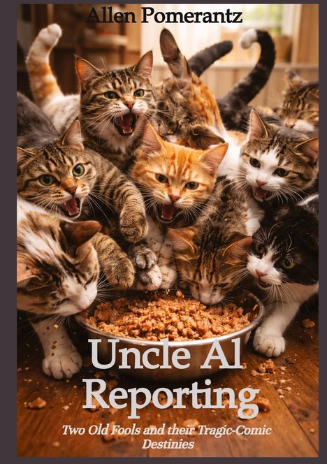 Der Text sagt: "Allen Pomerantz", "Uncle Al Reporting", "Two Old Fools and their Tragic-Comic Destinies". Viele Katzen fressen.