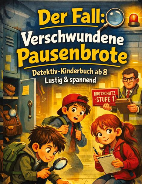 Titel: "Der Fall: Verschwundene Pausenbrote". Darunter: "Detektiv-Kinderbuch ab 8 - Lustig & spannend". Drei Kinder mit Detektivzubehör.