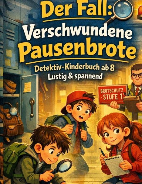 "Der Fall: Verschwundene Pausenbrote. Detektiv-Kinderbuch ab 8. Lustig & spannend." Kinder in einem Schulflur mit Lupe.