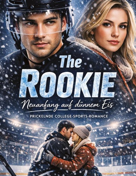 "The Rookie. Neuanfang auf dünnem Eis. Prickelnde College-Sports-Romance." Ein Paar in Umarmung auf Eis, Schnee fällt.