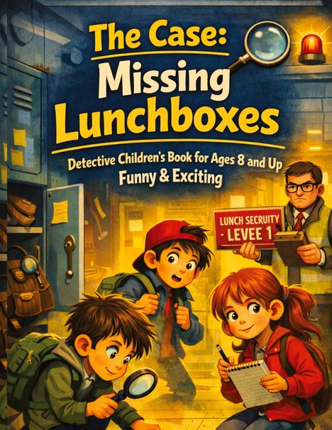 "The Case: Missing Lunchboxes. Detective Children's Book for Ages 8 and Up. Funny & Exciting." Kinder mit Notizbuch.