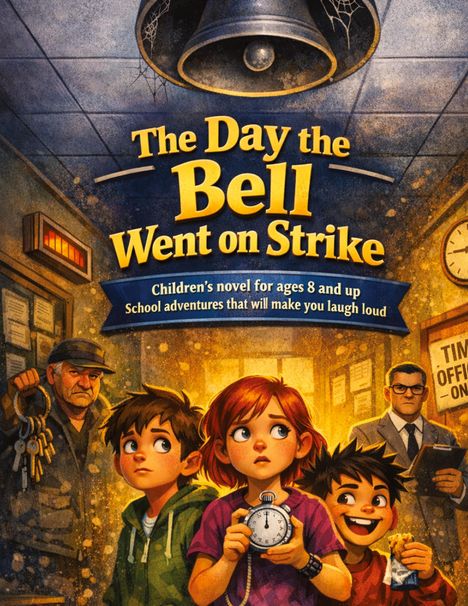 "The Day the Bell Went on Strike. Children's novel for ages 8 and up. School adventures that will make you laugh loud."  
Eine Illustration mit vier Kindern und Erwachsenen in einem Schulflur, eine Glocke oben.