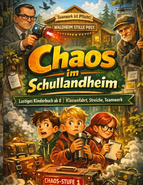 Buchcover: "Chaos im Schullandheim". Teamarbeit-Thema. Illustration: Kinder mit Koffern, ein Mann mit Gadget, und ein altes Haus.