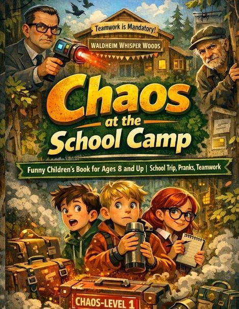 "Chaos at the School Camp. Teamwork is Mandatory! Funny Children's Book for Ages 8 and Up. Drei Kinder vor einem Waldhaus."